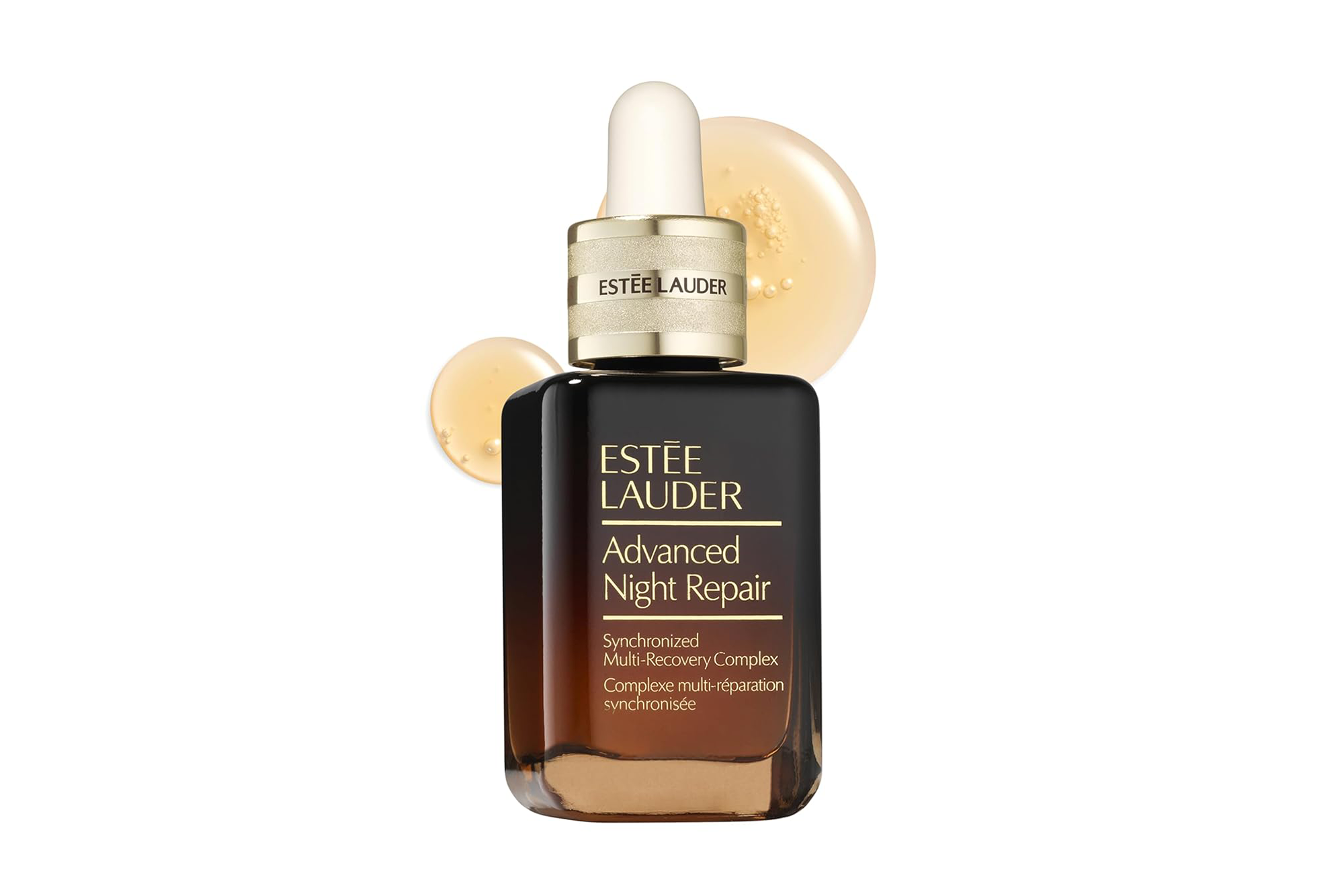 Estée Lauder Advanced Night Repair serum in a brown bottle with a dropper.