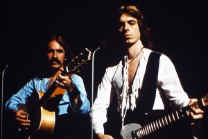 The Bellamy Brothers sing their song 'Let Your Love Flow' during a performance in Germany in 1976.