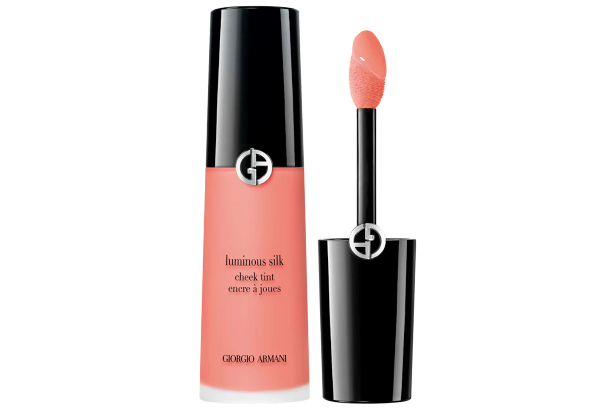 Giorgio Armani Luminous Silk Cheek Tint in a coral shade, with an applicator.