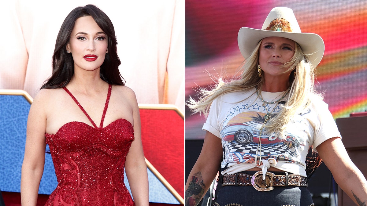 Kacey Musgraves standing at the Grammys next to Miranda Lambert performing on stage at the Daytona 500