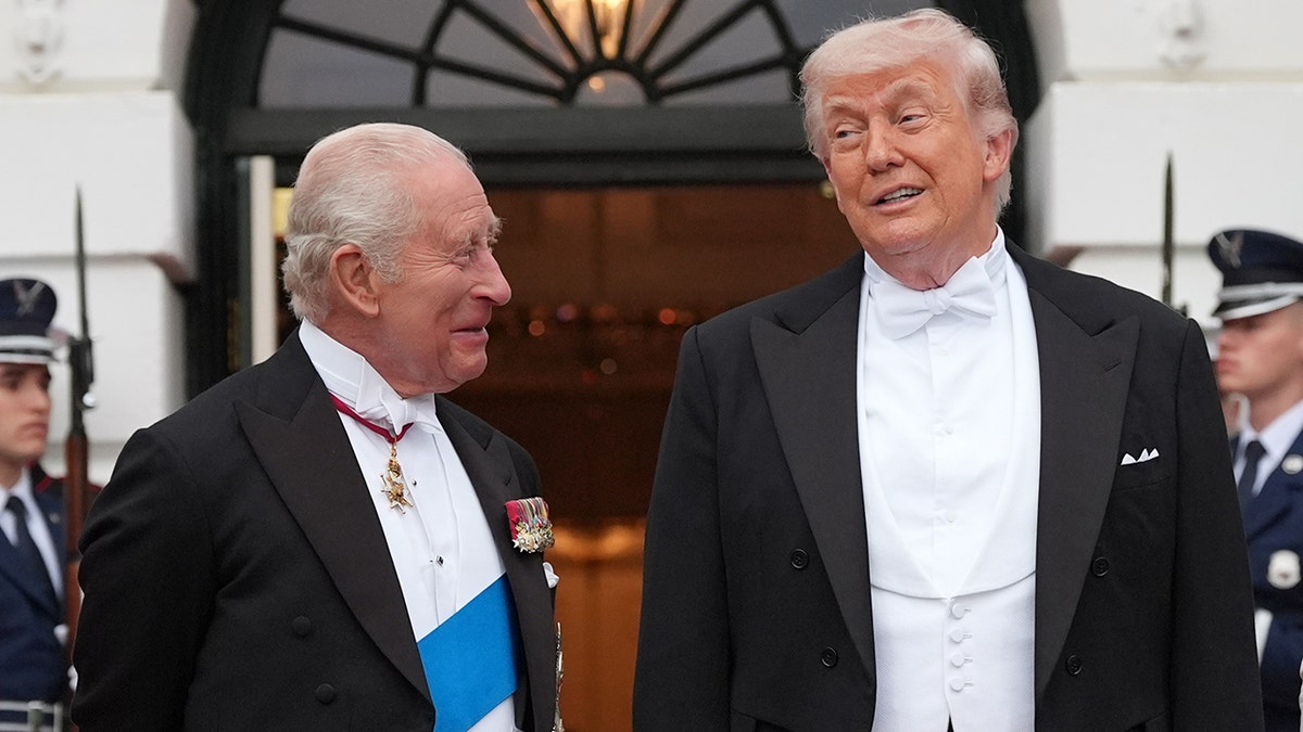 President Donald Trump greeting Britain's King Charles III at the South Portico of the White House