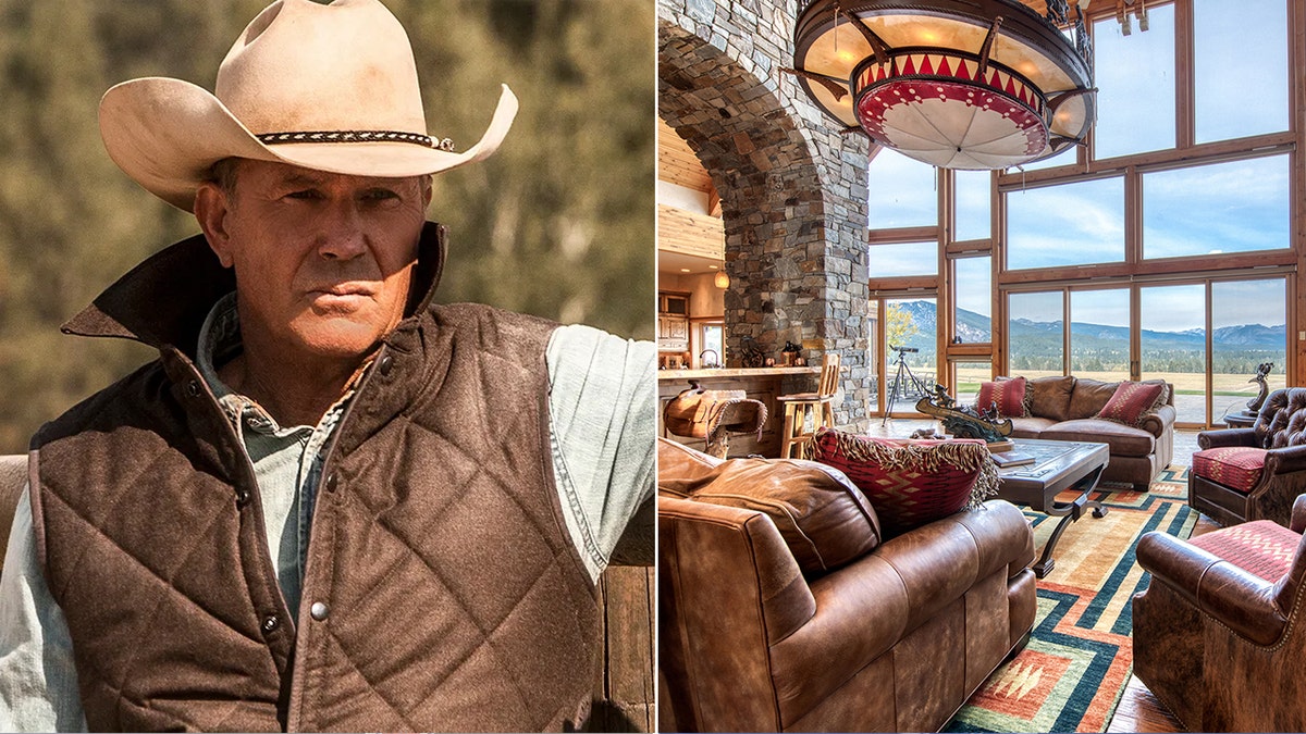 Kevin Costner in Yellowstone side by side with ranch for sale with floor-to-ceiling windows frame unobstructed views of the Bitterroot Valley from the living area.