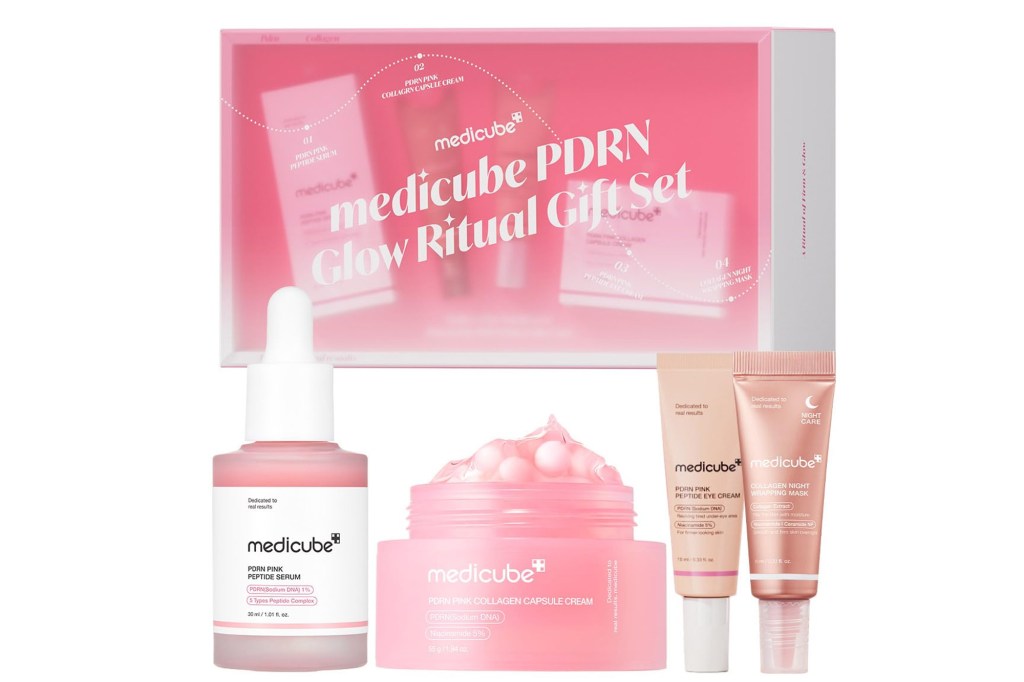 Medicube PDRN Glow Ritual Gift Set featuring PDRN Pink Peptide Serum, PDRN Pink Collagen Capsule Cream, PDRN Pink Peptide Eye Cream, and Collagen Night Wrapping Mask.