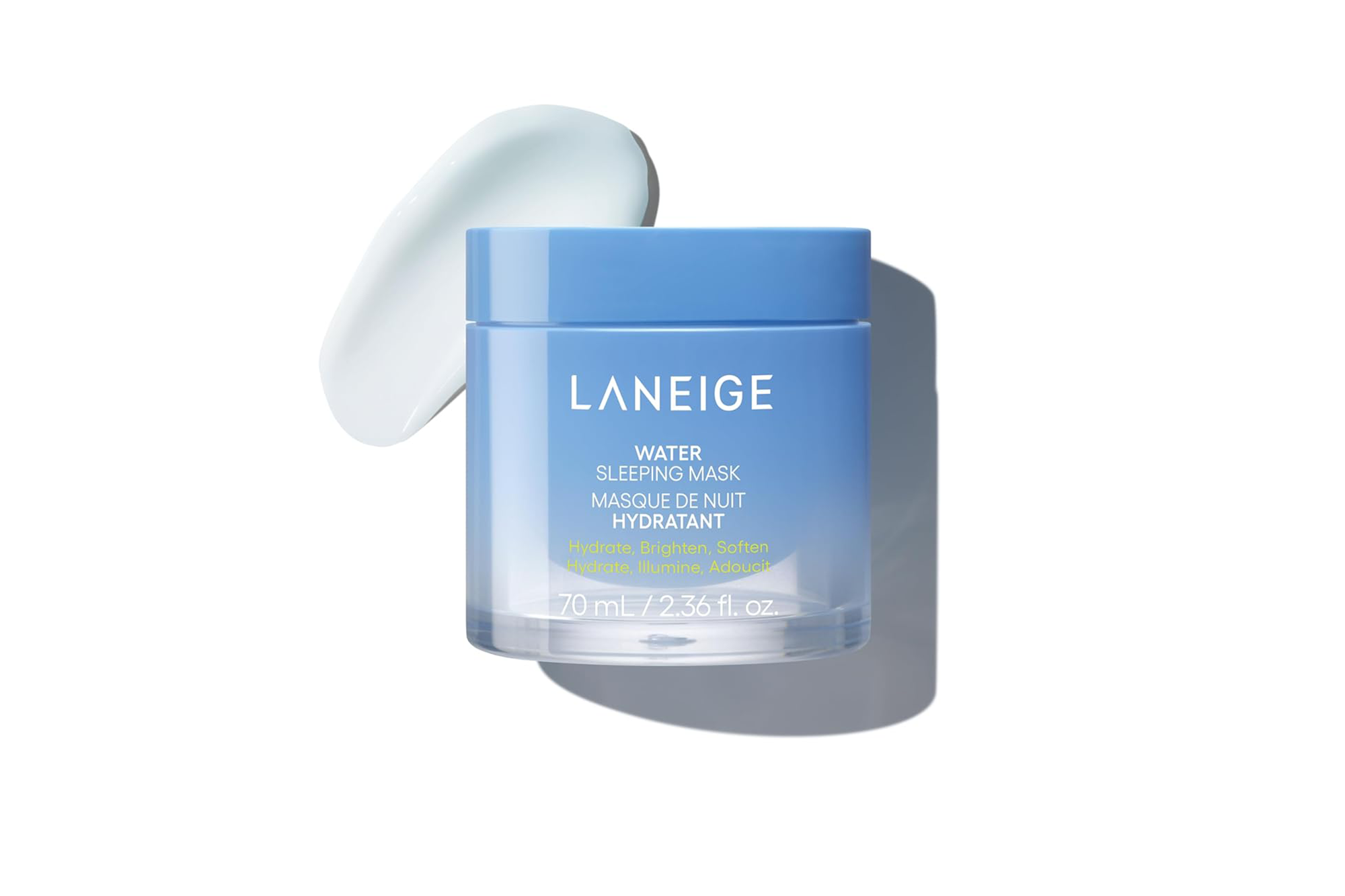 A jar of Laneige Water Sleeping Mask in blue with a swatch of the product.