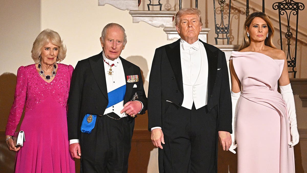 The British royal family standing side-by-side with the President and first lady at the state dinner.