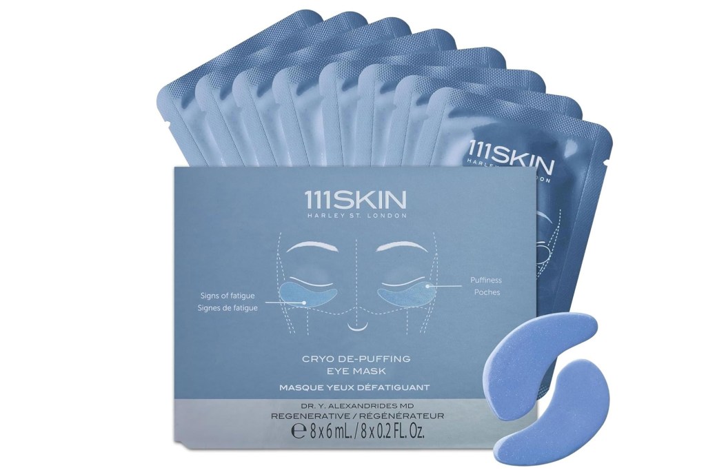 111SKIN Cryo De-Puffing Eye Mask box containing eight individual mask packets and two blue eye masks.