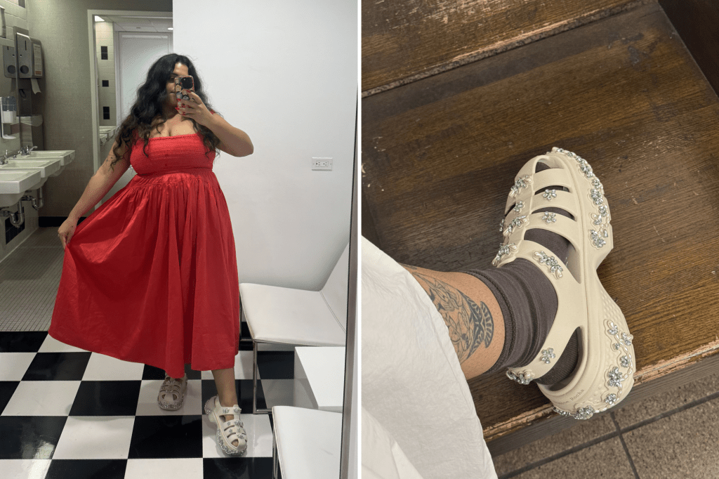 Collage of a woman in a red dress with jeweled shoes, and a close-up of a leg with a tattoo and the same shoe.