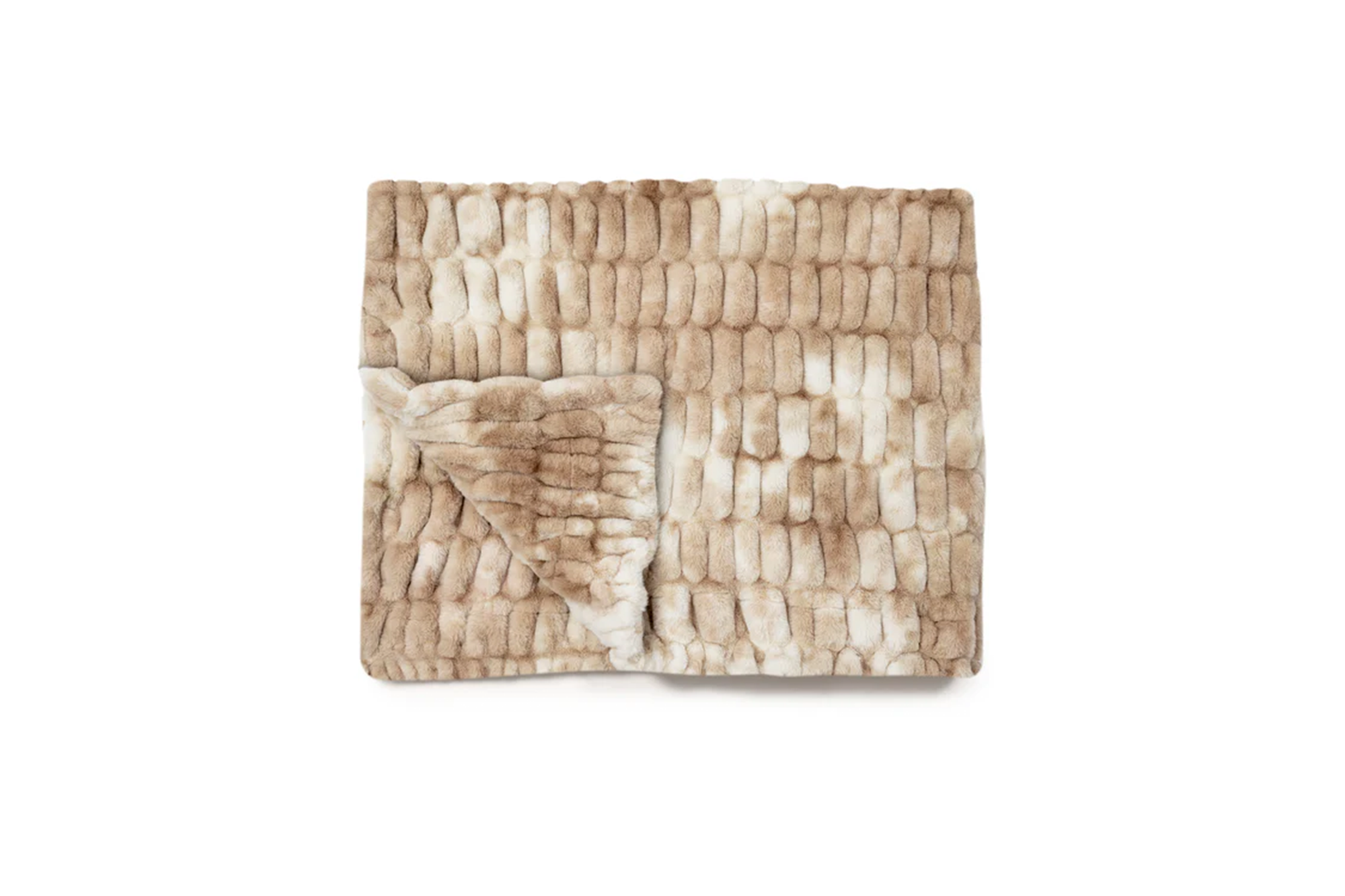 Faux fur blanket with tan and white coloring, folded in half.