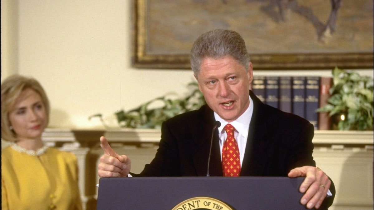 Then-President Bill Clinton speaking to media during impeachment inquiry