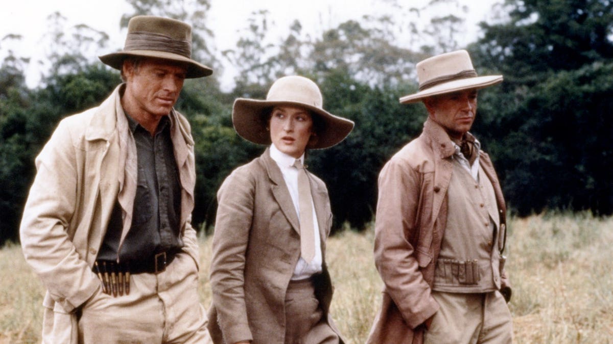 Robert Redford, Meryl Streep and another actor in Kenya