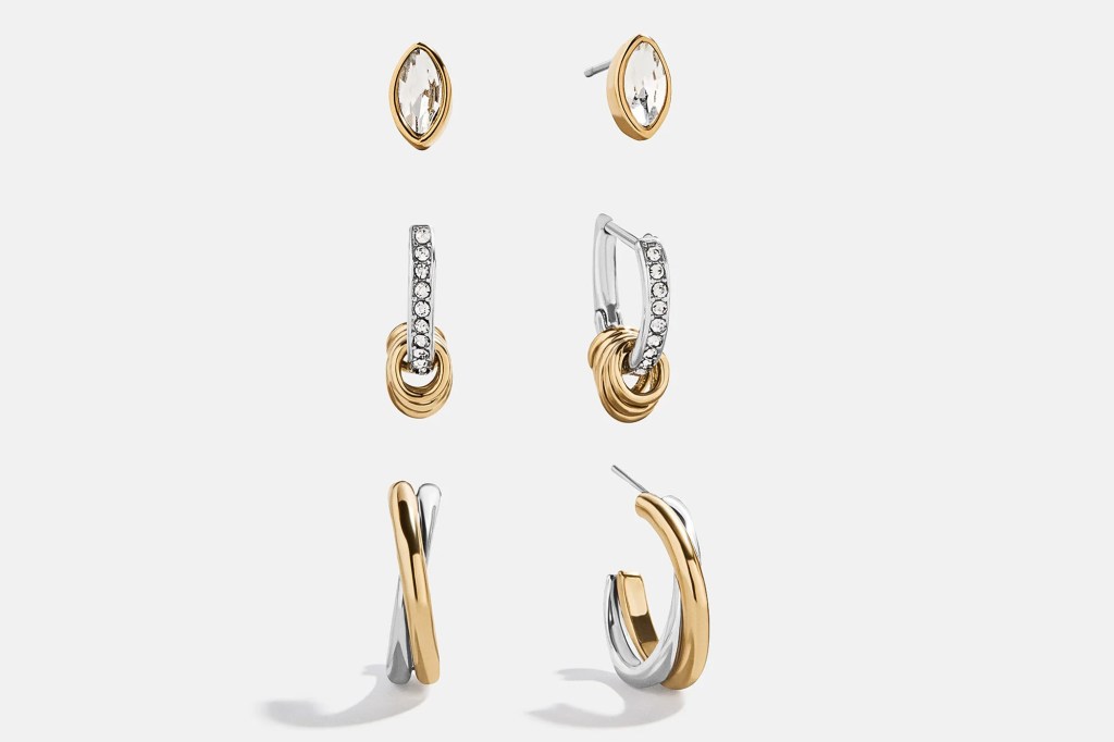Collage of three pairs of earrings: gold and silver marquise studs, gold and silver hoops with pavé crystals, and interwoven gold and silver hoops.