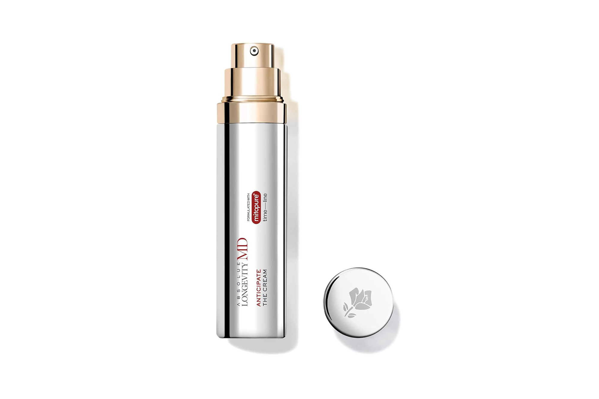 A silver and gold bottle of Lancôme Absolue Longevity MD Anticipate The Cream, with its cap removed, on a white background.
