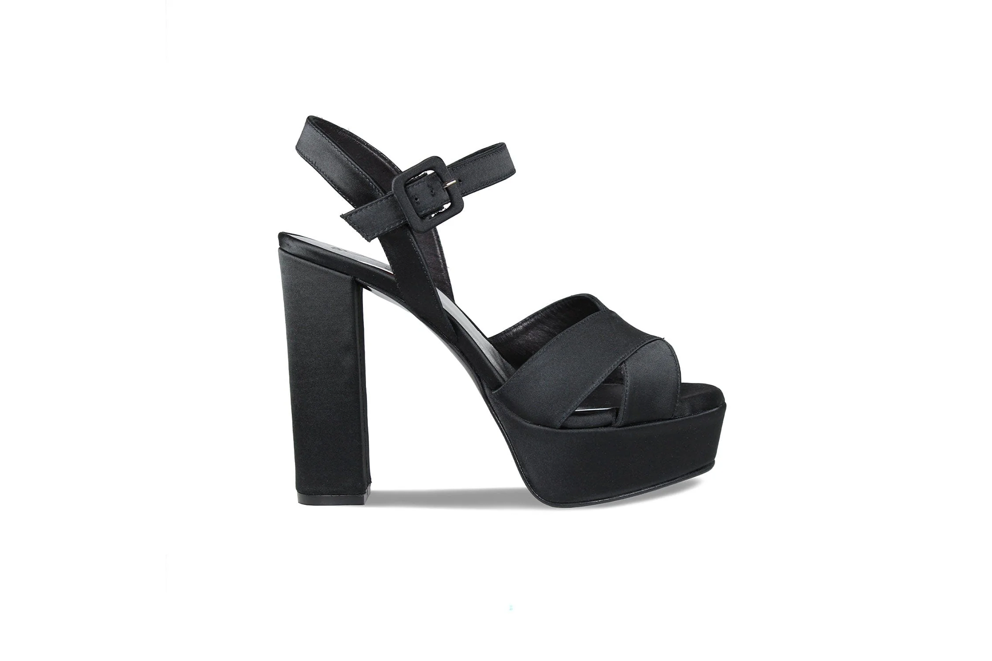 A single black platform sandal with an ankle strap and block heel.
