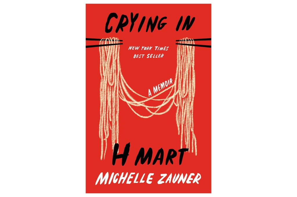 Illustration of the book cover "Crying in H Mart" by Michelle Zauner, featuring chopsticks holding noodles on a red background.