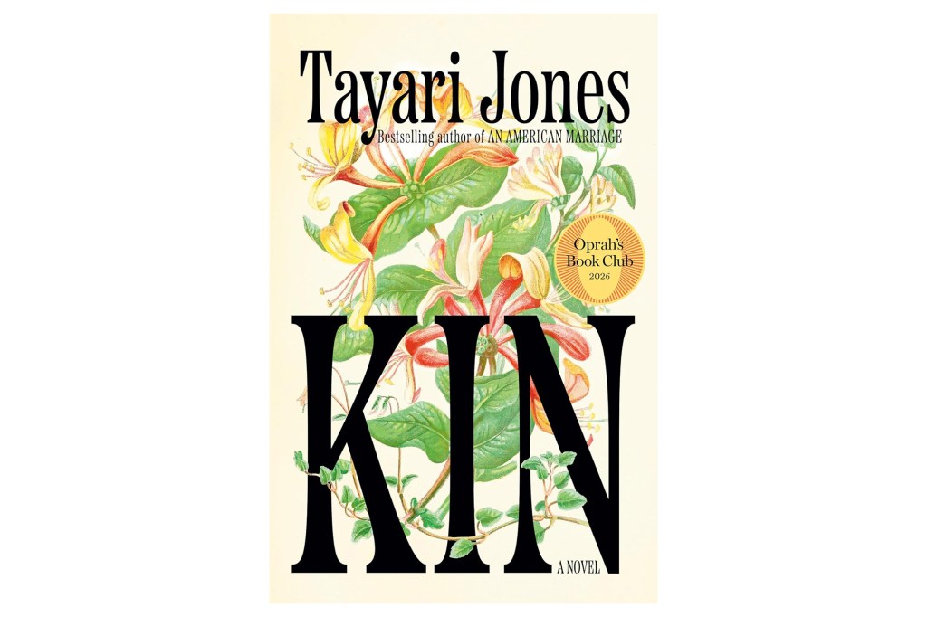 Book cover for Tayari Jones' "KIN" with a floral illustration and "Oprah's Book Club" seal.