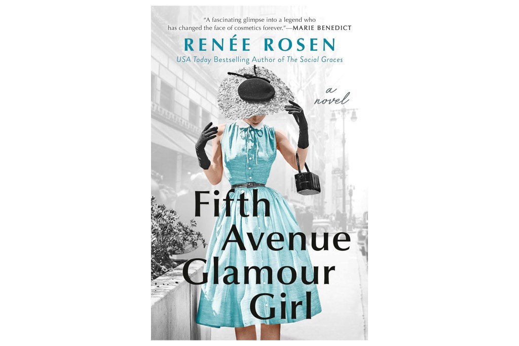 Book cover for "Fifth Avenue Glamour Girl" by Renée Rosen, featuring a woman in a turquoise dress, black gloves, and a feathered hat.