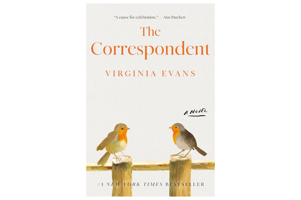 Illustration of the book cover for "The Correspondent" by Virginia Evans, featuring two robins on a wooden fence.