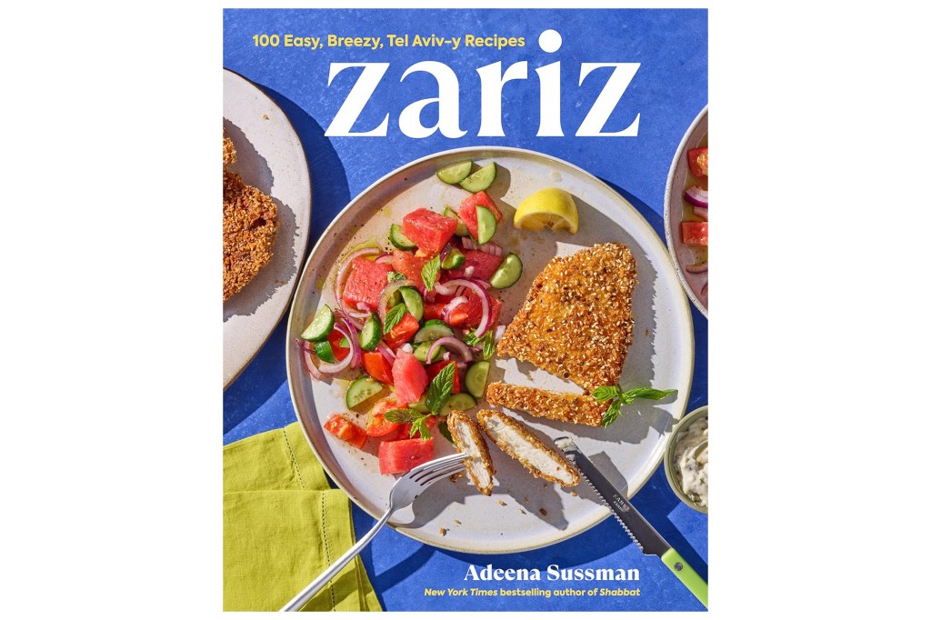 Cover for Adeena Sussman's "Zariz" cookbook, showing sesame-crusted chicken and watermelon salad on a blue background.