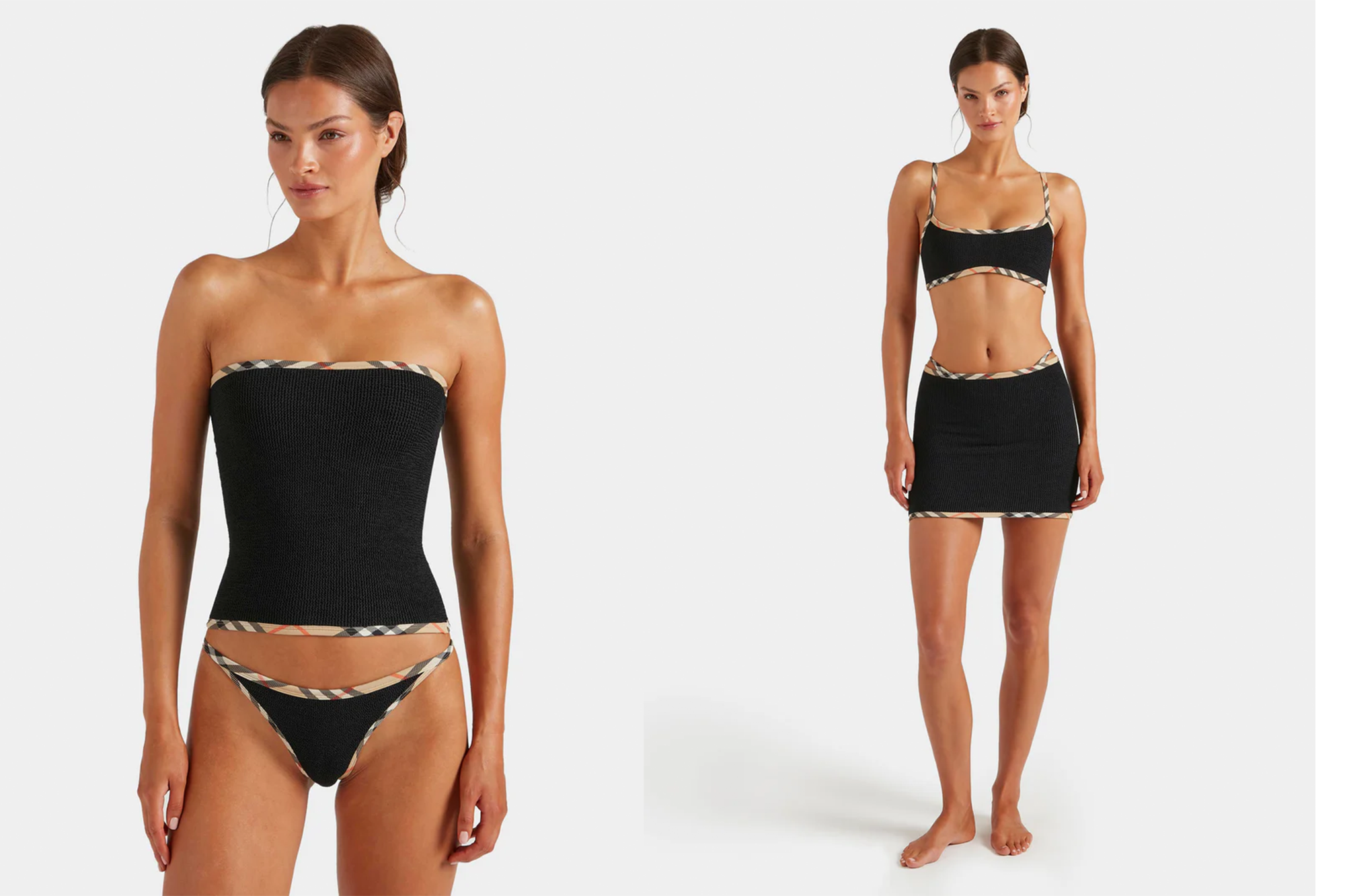Model in two Burberry black swimwear outfits with check trim.