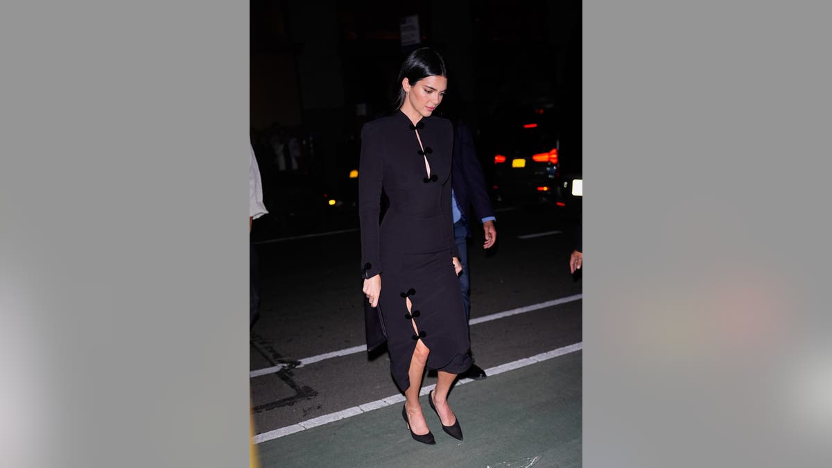 Kendall Jenner standing at Jeff Bezos and Lauren Sánchez Bezos Met Gala pre-party in New York City