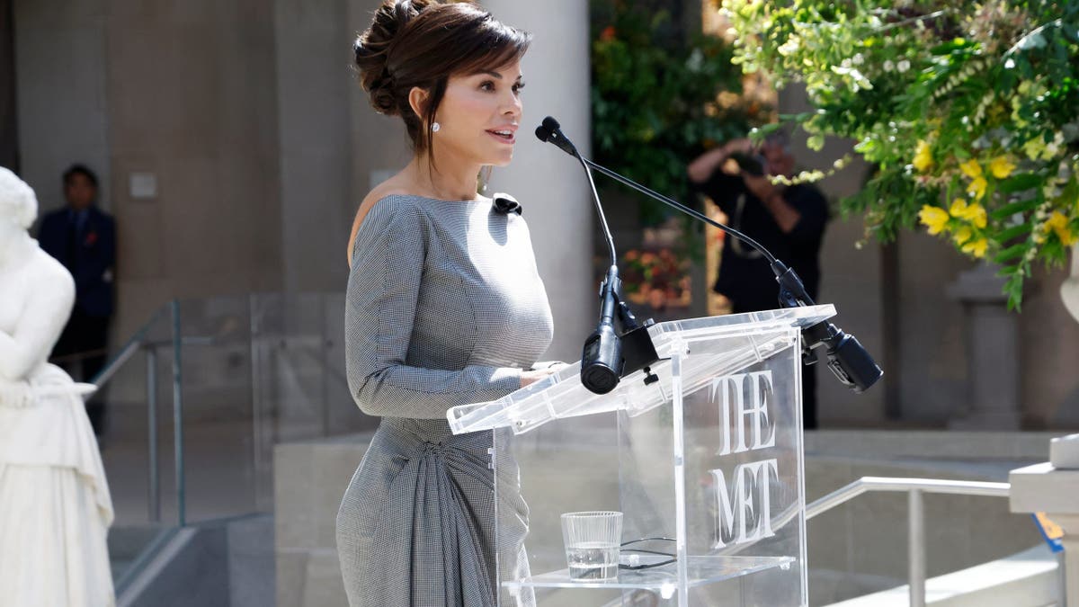 Lauren Sánchez Bezos speaking at a press conference in New York City
