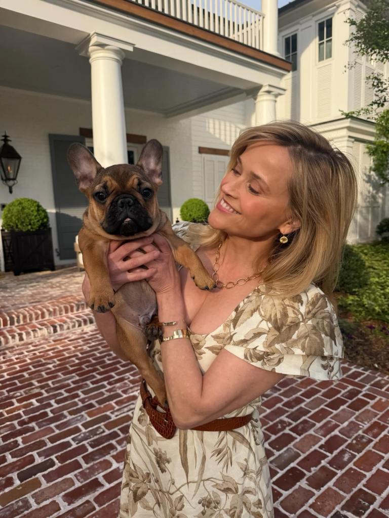 Reese Witherspoon holding a French bulldog puppy.