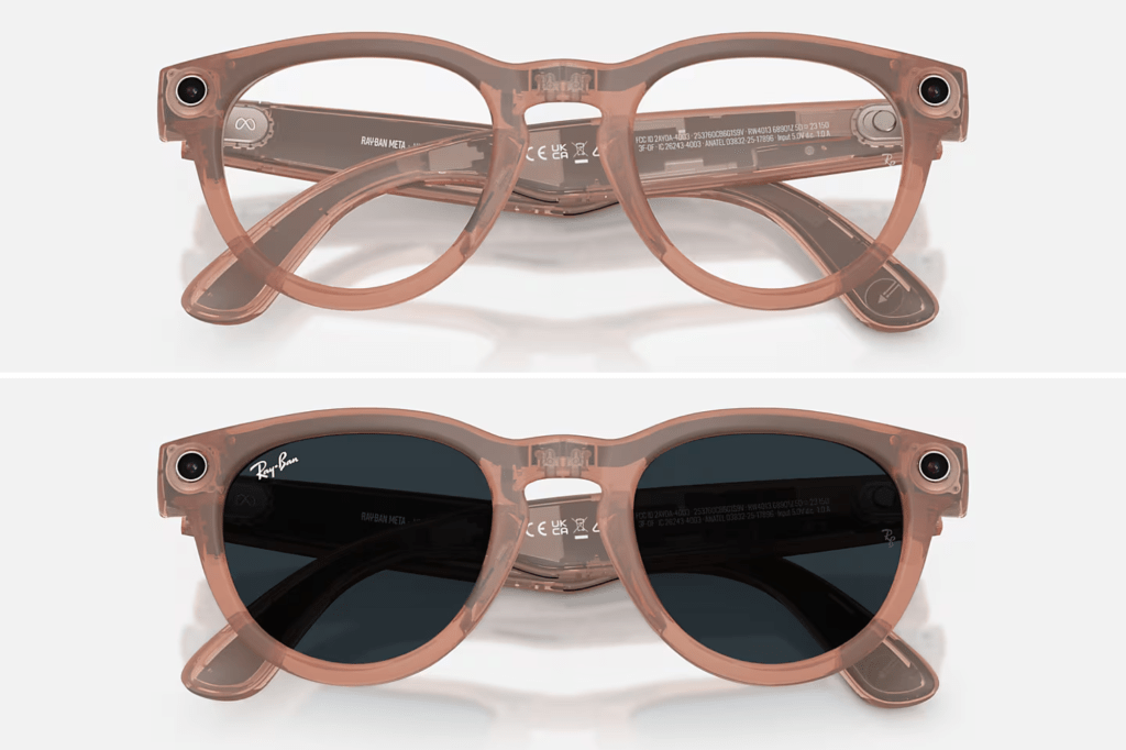 Two pairs of Ray-Ban Meta Headliner smart glasses, one with clear lenses and one with dark sunglasses lenses.
