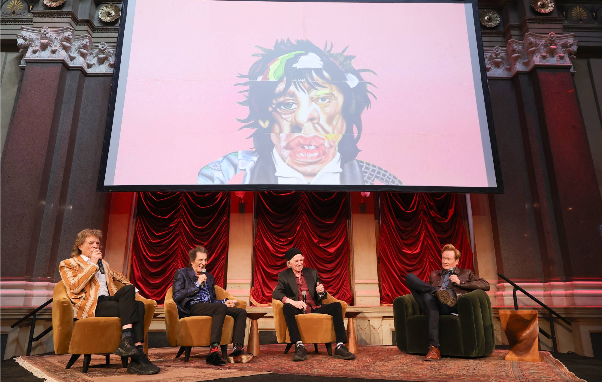 Mick Jagger, Ronnie Wood, Keith Richards and Conan O'Brien speak onstage during the exclusive launch event of The Rolling Stones new album Foreign Tongues at Weylin on May 5, 2026 in Brooklyn, NY. (Photo by Kevin Mazur/Getty Images for UMG)