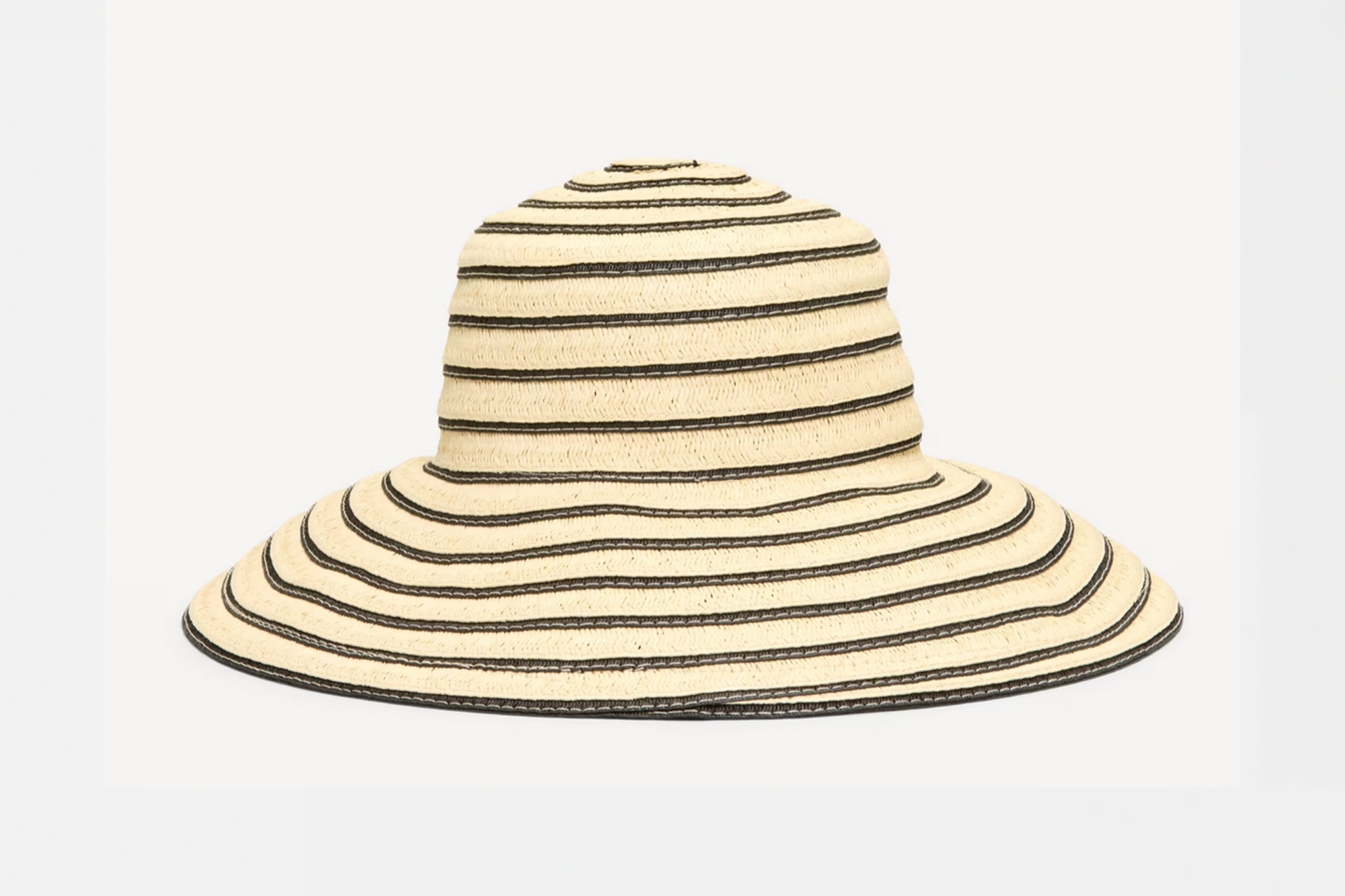 Straw hat with horizontal black stripes.