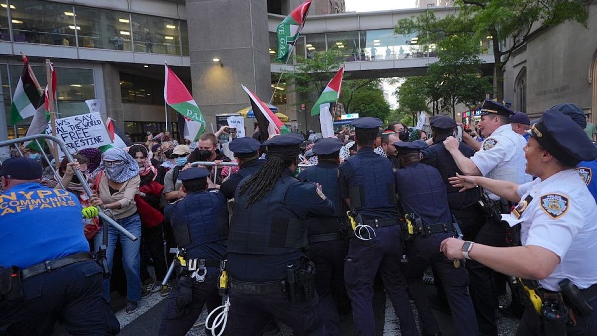 Pro-Palestinians protesting outside Park East Synagogue in Manhattan New York City