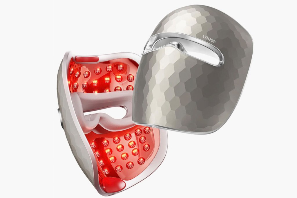 Illustration of an open Ulike light therapy face mask with red LED lights glowing.