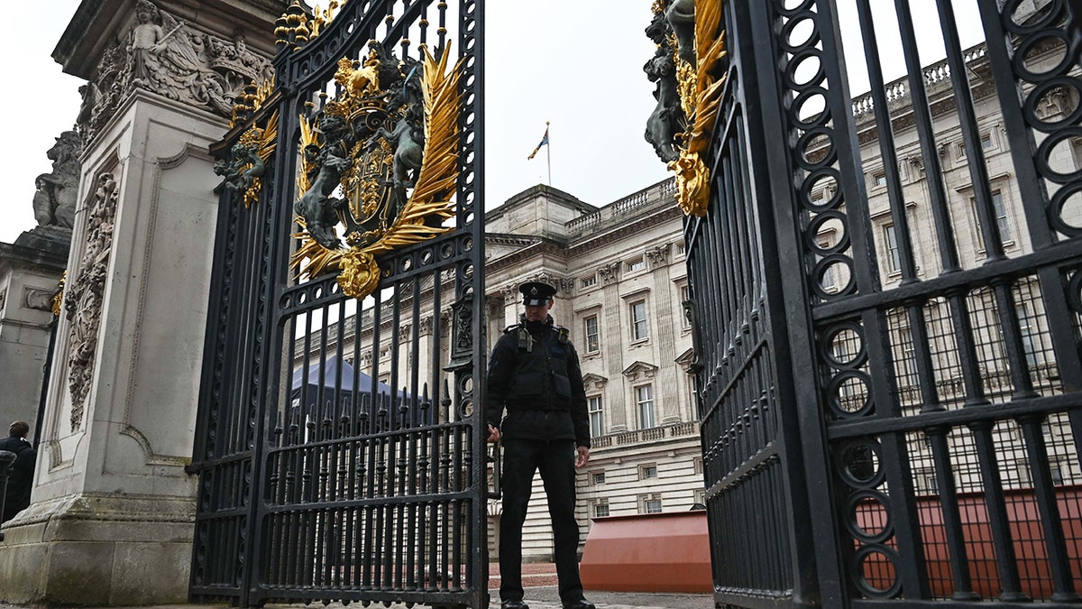 Security officer standing in front of Buckingham Palace gate in London