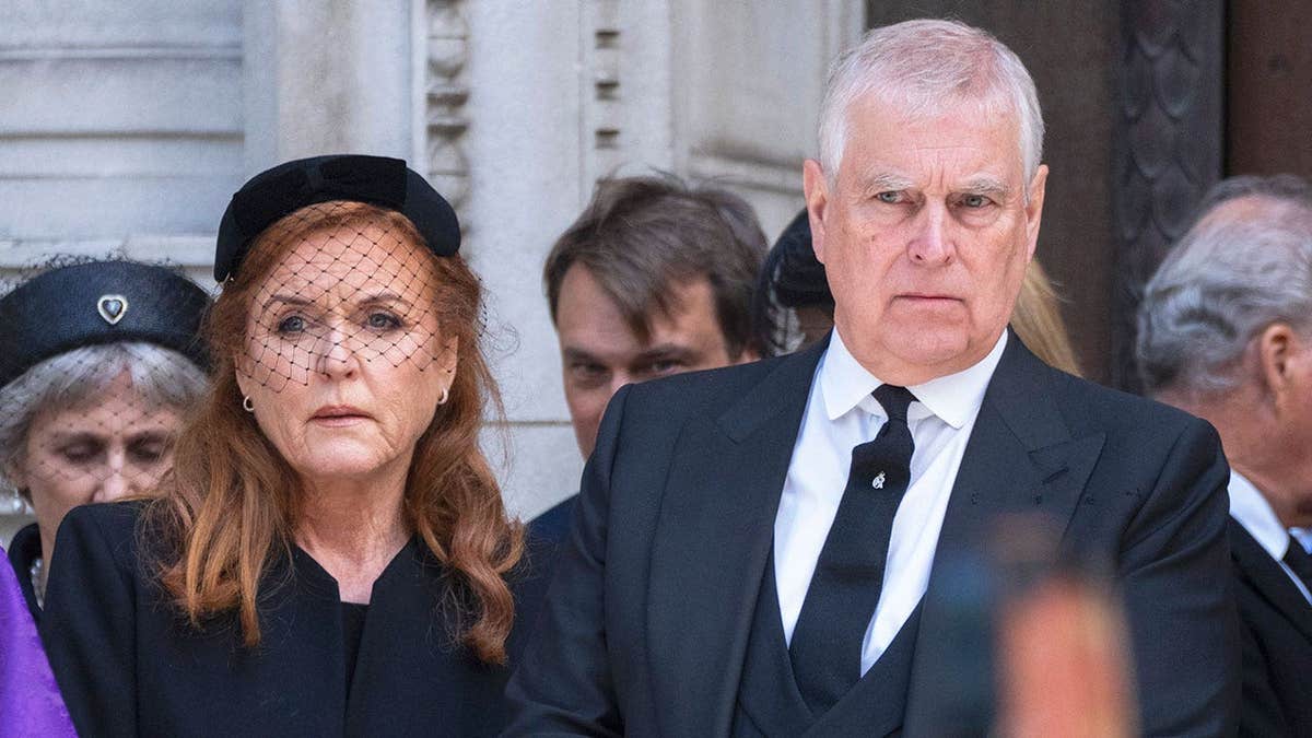Andrew Mountbatten-Windsor and Sarah Ferguson looking somber in black clothing outside a church in London after attending a funeral.