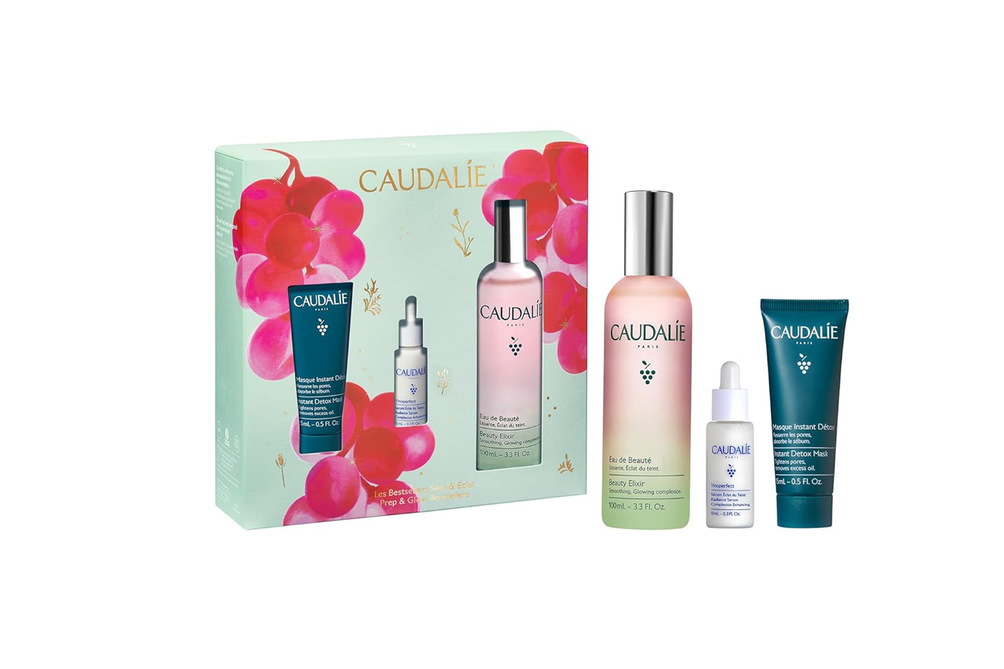 Caudalie Beauty Elixir and Skincare Set featuring a mask, serum, and spray.