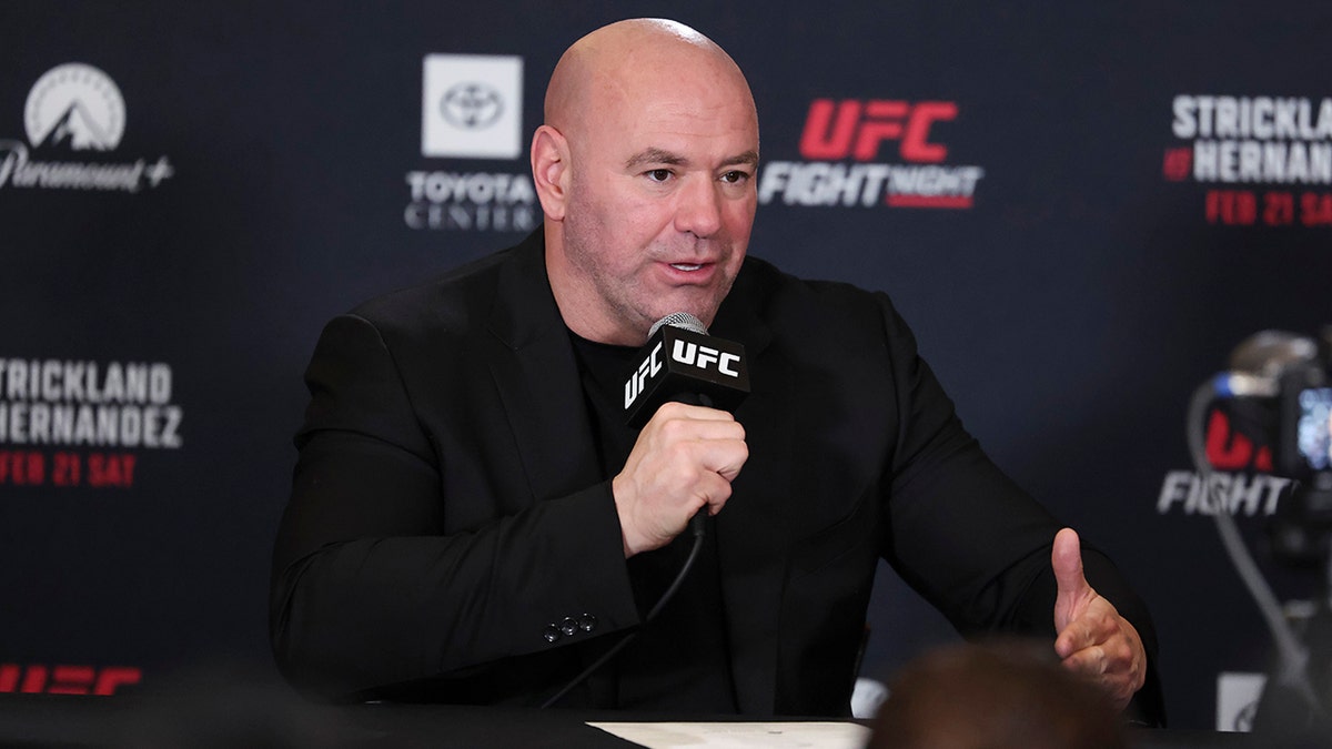 UFC President Dana White speaking at a press event at Toyota Center