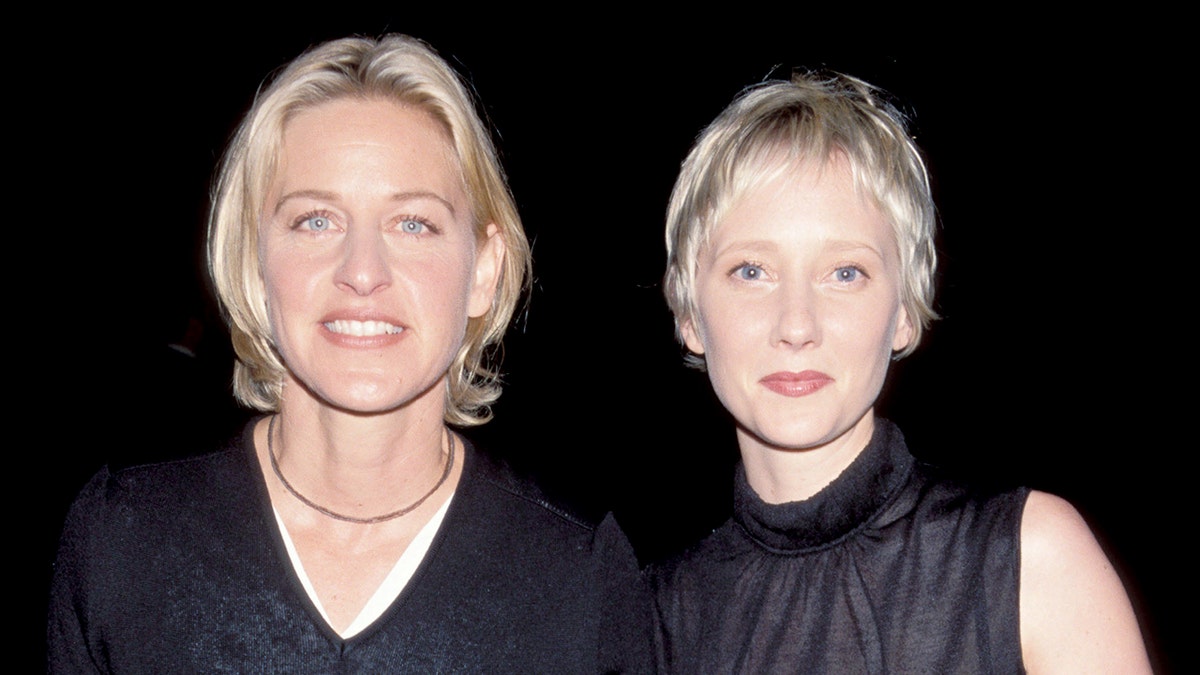 Ellen Degeneres and Anne Heche standing together at Paramount Studios in Hollywood