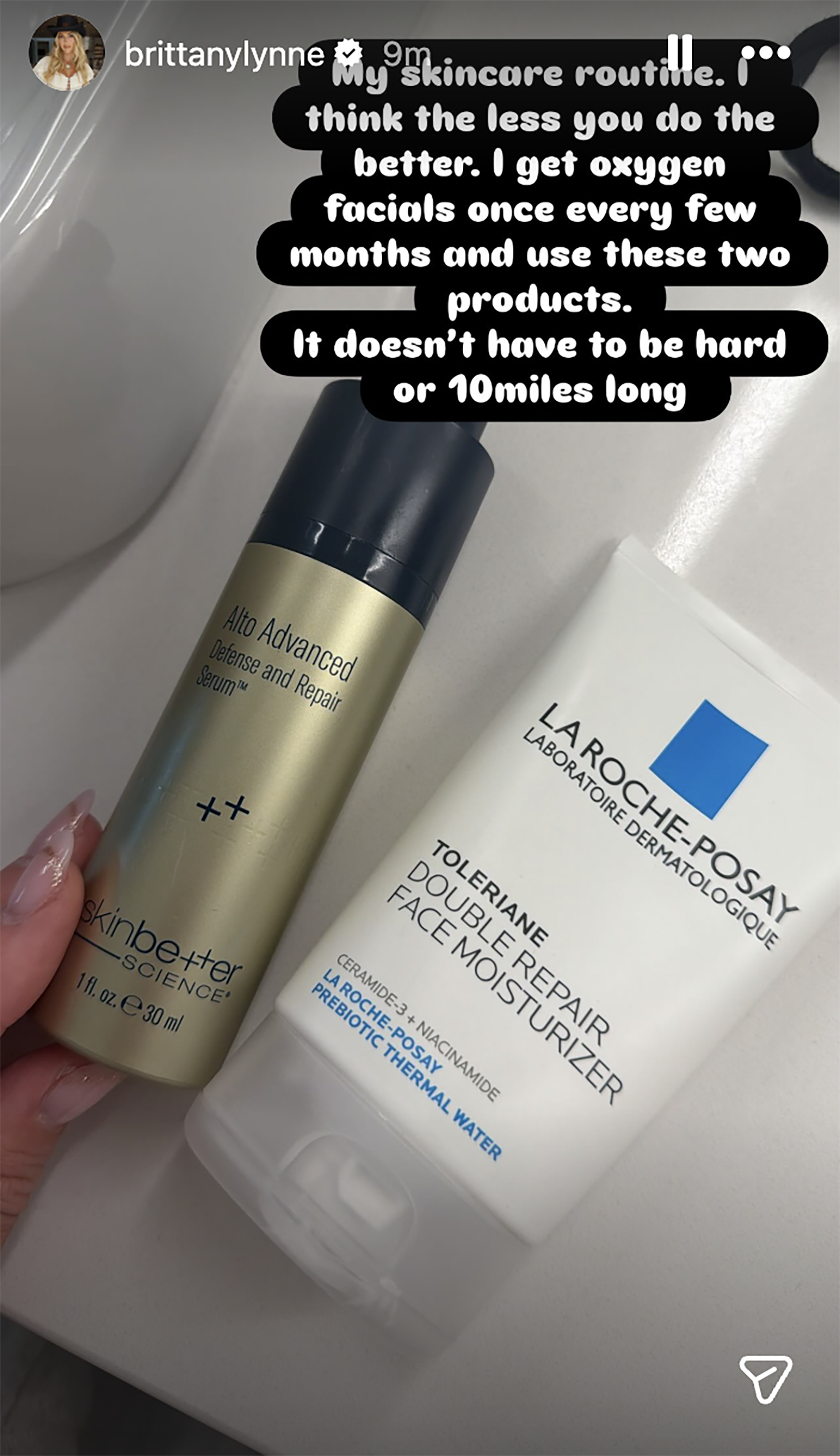Brittany Mahomes's Instagram story showing her skincare routine, featuring SkinBetter Science Alto Advanced Defense and Repair Serum and La Roche-Posay Toleriane Double Repair Face Moisturizer.