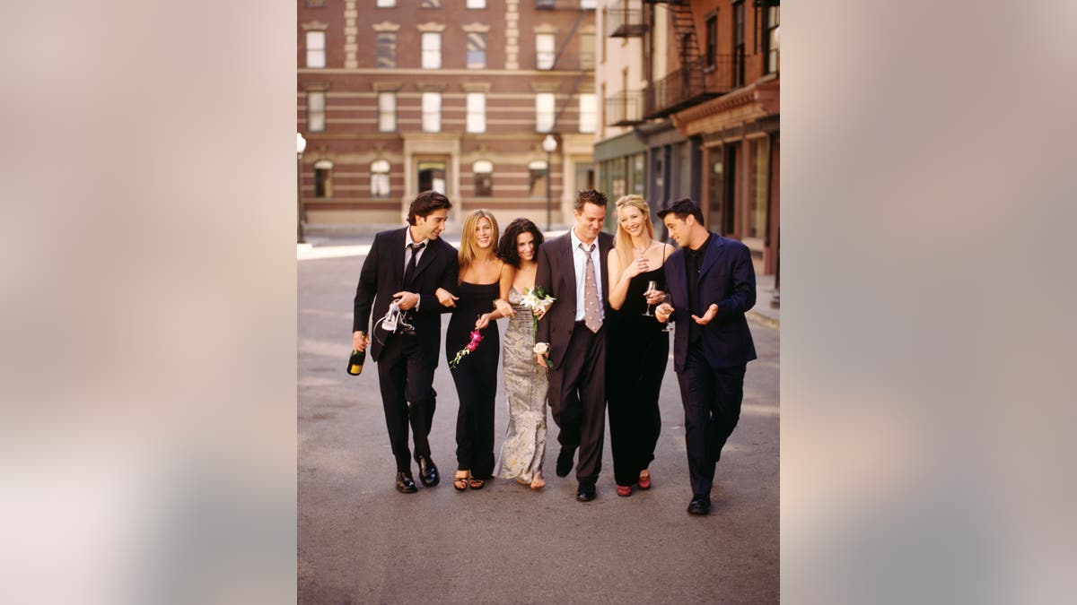 David Schwimmer as Ross Geller and Jennifer Aniston as Rachel Green with other cast members of Friends sitcom