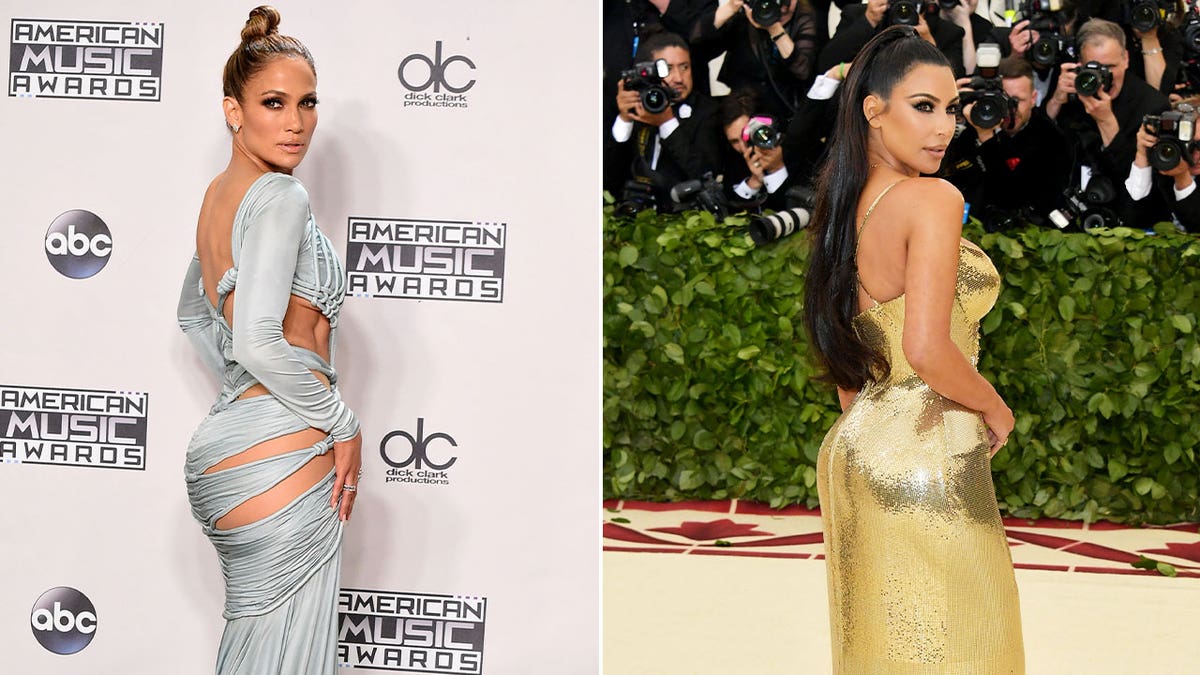 Jennifer Lopez showing off her curves in 2015 and Kim Kardashian flaunting hers in 2018
