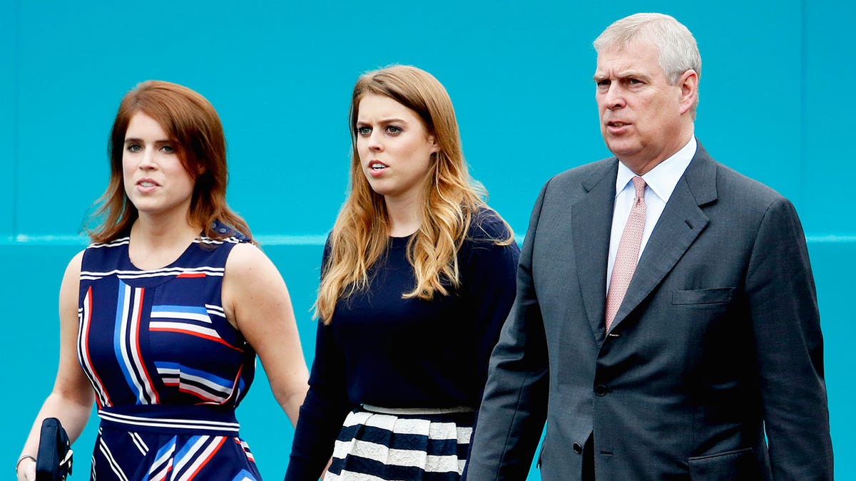 Princess Eugenie, Princess Beatrice and ex-Prince Andrew walking together in formal wear looking concerned.