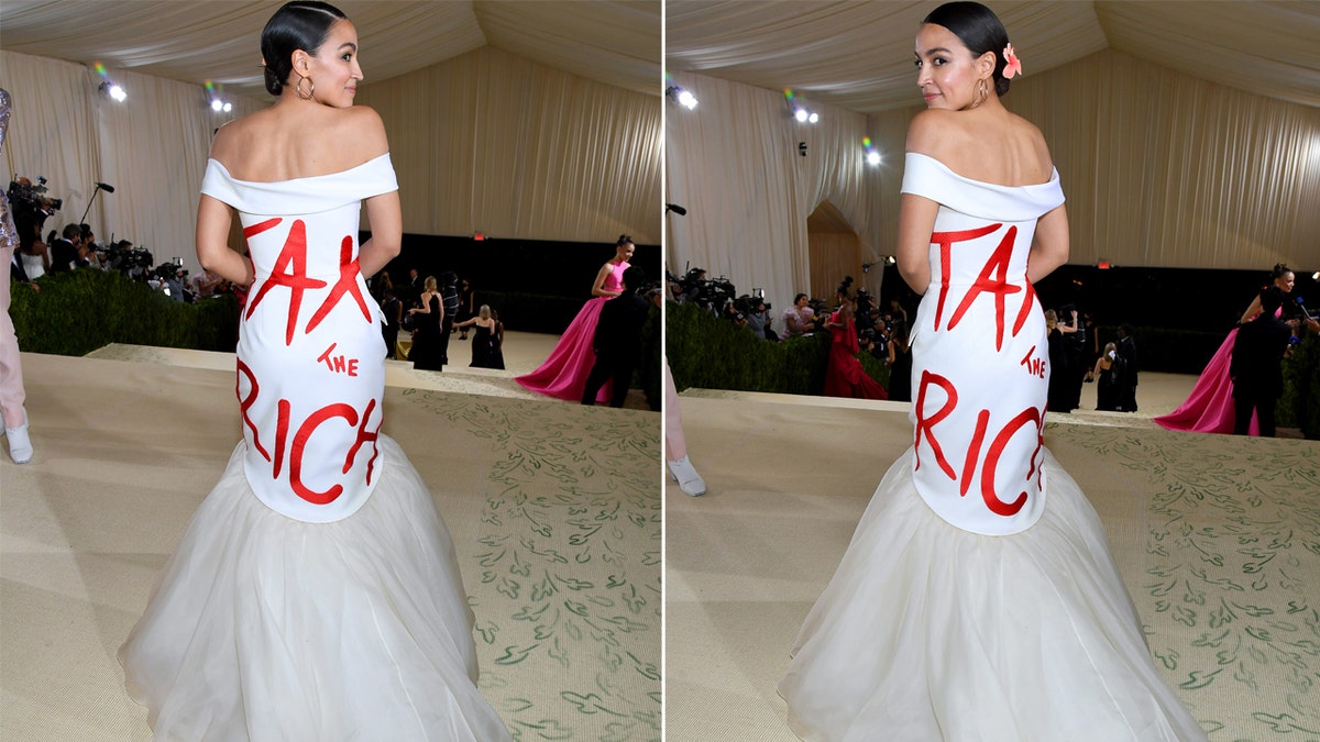 Rep. Alexandria Ocasio-Cortez wearing a dress with the words Tax the Rich at the Met Gala.