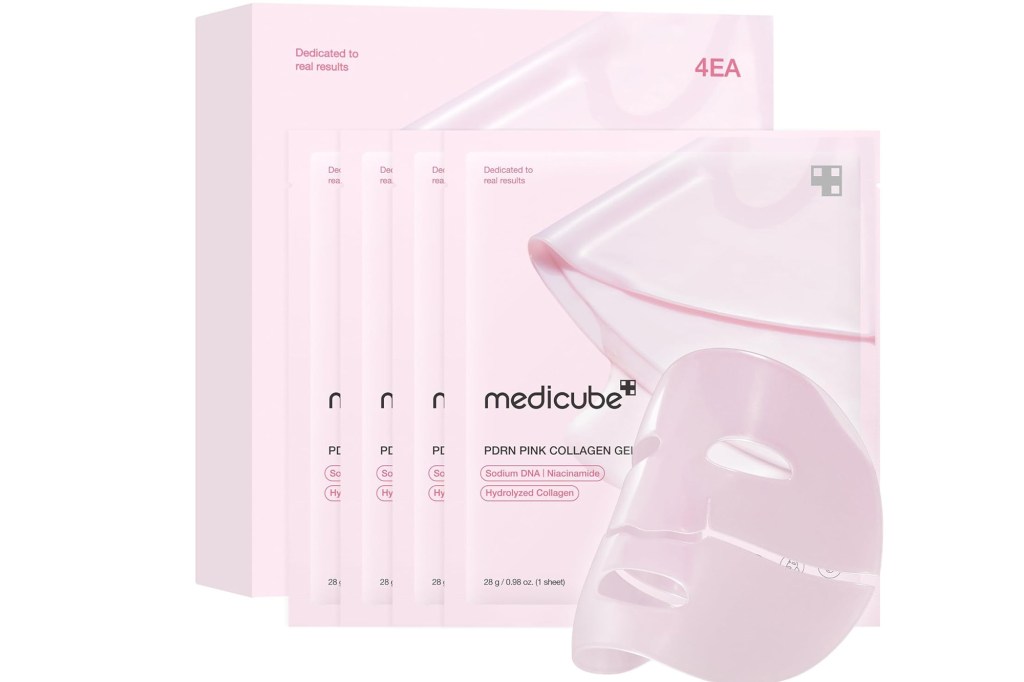 Pink Medicube PDRN Pink Collagen Gel sheet mask packaging with a stack of individual masks and a box that reads "4EA".